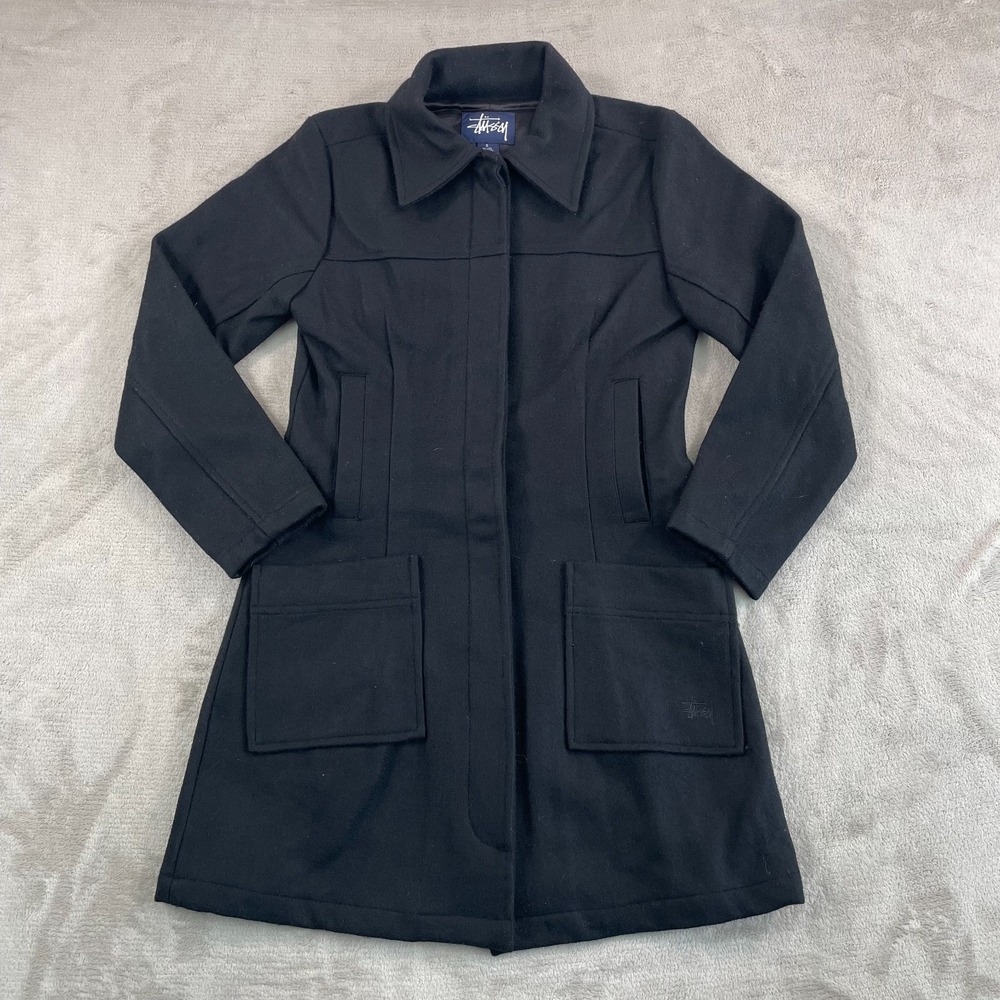 Stussy Jacket Coat Women Small Black Wool Blend Button Up Pockets Lined Warm